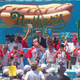Joey “Jaws” Chestnut and Matt Stonie compete in the 2019 Nathans Famous Fourth of July International Hot Dog Eating Contest at Coney Island on July 4, 2019 in New York City.